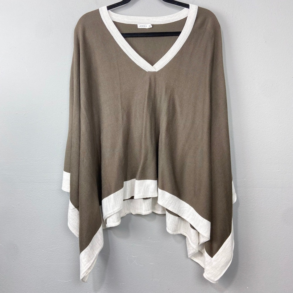 Mersea Poncho Sweater Womens OS Brown White V-Neck Colorblock Handkerchief Hem